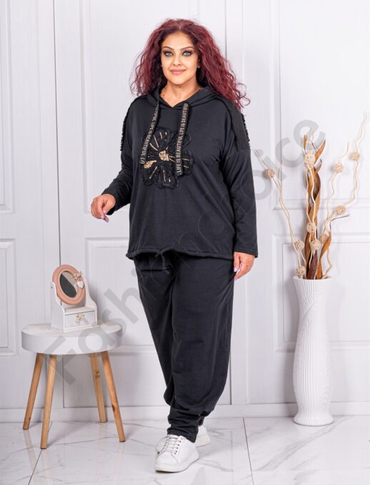 Compleu maxi sport-elegant cu aplicatie floare-negru cod 10824