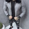 Geaca groasa bomber din piele eco cu guler din eco blana-gri cod 5227-1