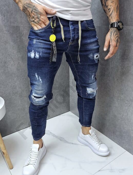Blugi barbati Skinny Fit cu efect rupt si prespalat-albastru inchis cod 7675