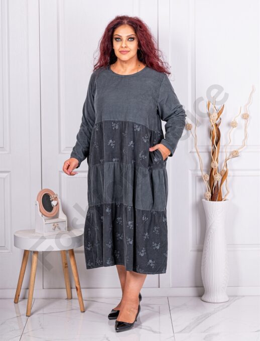 Rochie maxi din catifea reiata cu flori brodate-grafit cod 80687-3