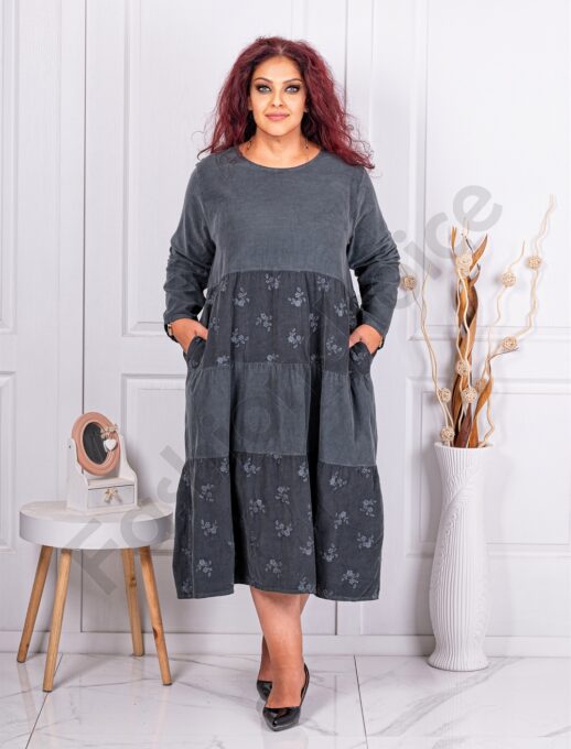 Rochie maxi din catifea reiata cu flori brodate-grafit cod 80687-3