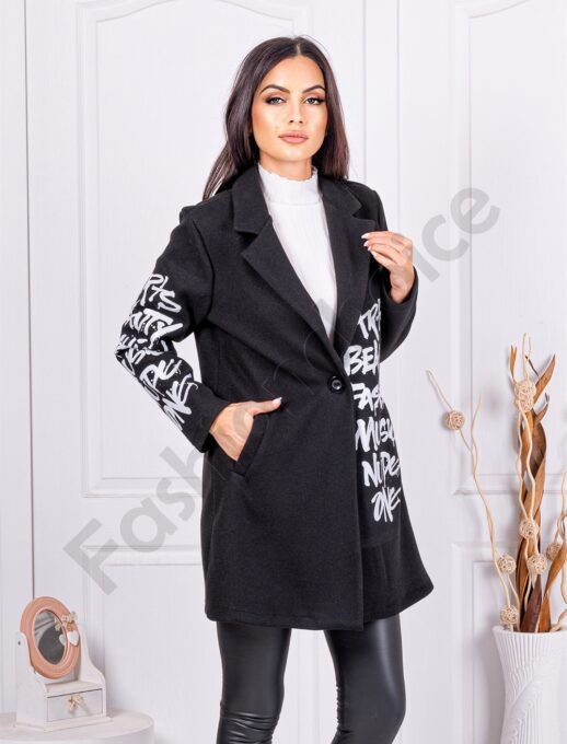Palton de dama cu inscris si buzunare-negru cod 231167-5