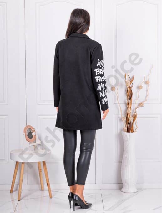 Palton de dama cu inscris si buzunare-negru cod 231167-5