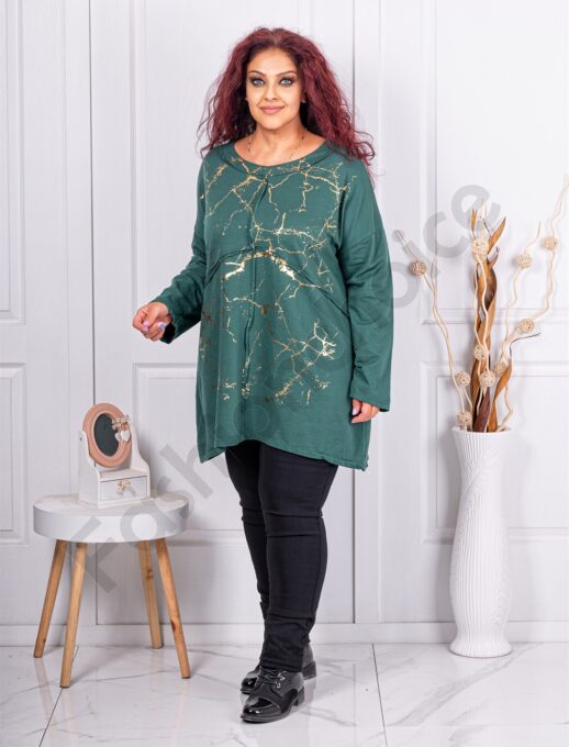 Tunica maxi cu imprimeu stropi aurii-verde masliniu cod 83276-3