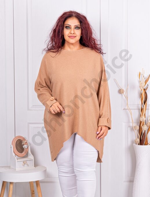 Tunica maxi tricotata cu design asimetric-camel cod 7577-4