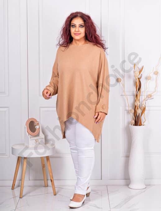Tunica maxi tricotata cu design asimetric-camel cod 7577-4