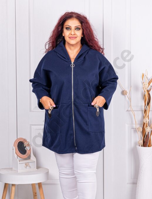 Jacheta maxi din material gros cu gluga-albastru inchis cod 24964-4