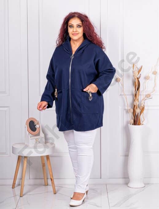 Jacheta maxi din material gros cu gluga-albastru inchis cod 24964-4