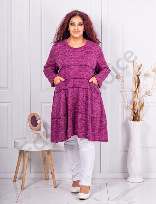 Tunica maxi lunga din tricotaj finut cu buzunare-magenta melanj cod 12488-3