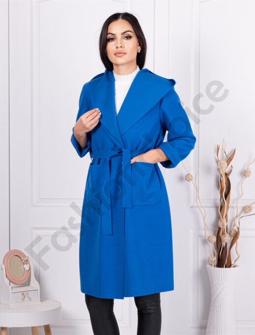 Palton cochet din eco casmir cu curea si gluga-albastru regal cod 5072-1