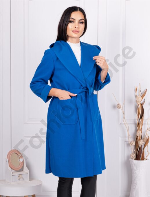 Palton cochet din eco casmir cu curea si gluga-albastru regal cod 5072-1
