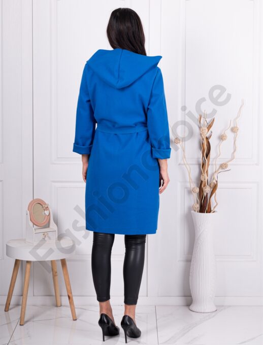 Palton cochet din eco casmir cu curea si gluga-albastru regal cod 5072-1