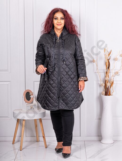 Geaca maxi din fas cu design asimetric-negru cod 39062