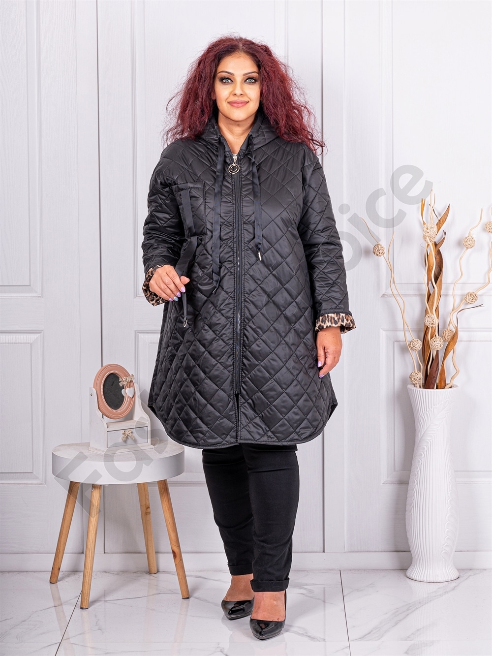 Geaca maxi din fas cu design asimetric-negru cod 39062