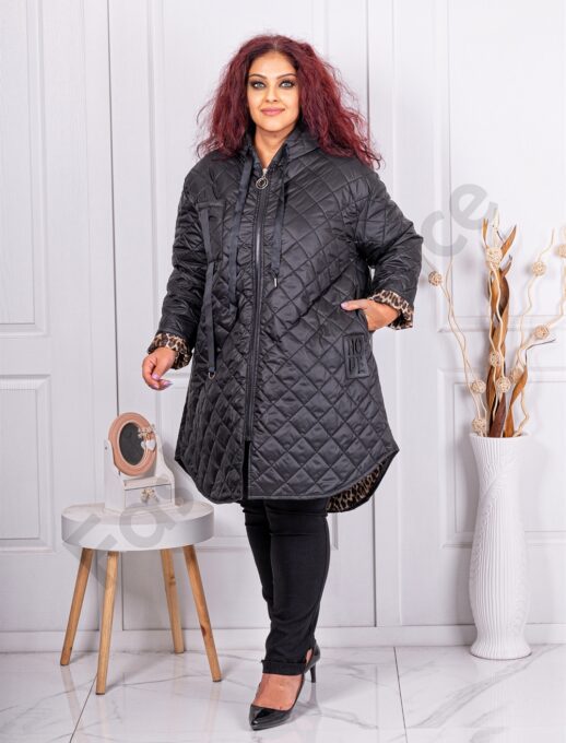 Geaca maxi din fas cu design asimetric-negru cod 39062