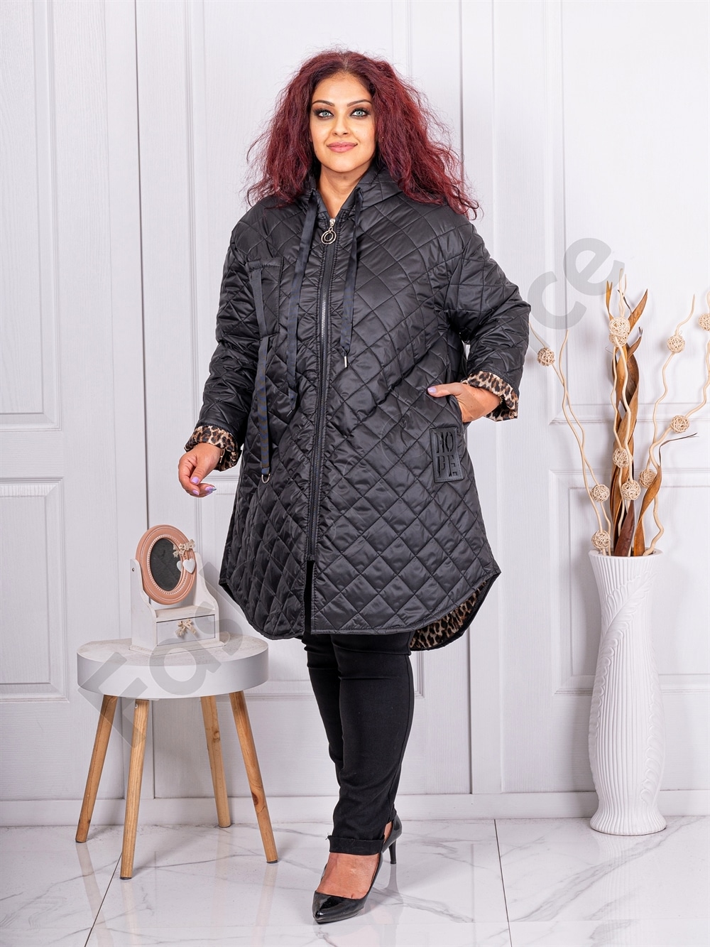 Geaca maxi din fas cu design asimetric-negru cod 39062