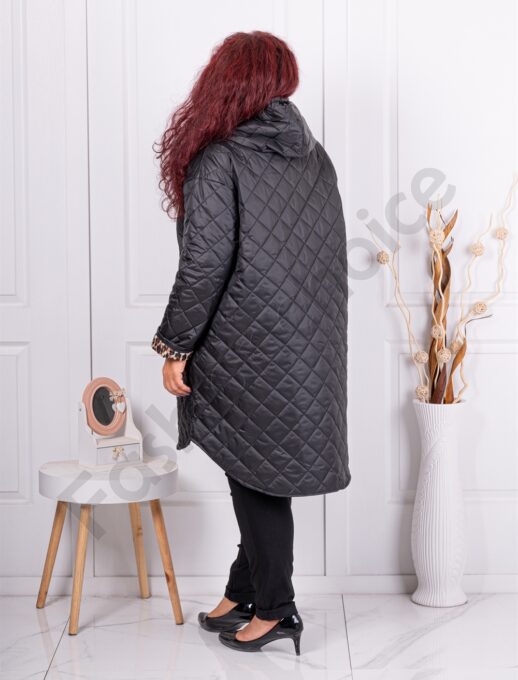 Geaca maxi din fas cu design asimetric-negru cod 39062