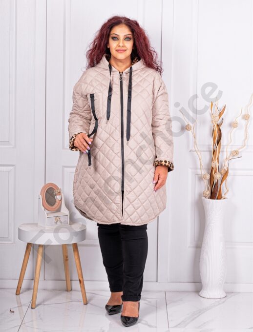 Geaca maxi din fas cu design asimetric-capucino cod 39062-1