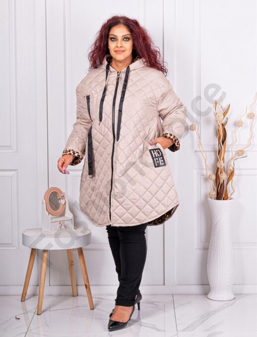 Geaca maxi din fas cu design asimetric-capucino cod 39062-1