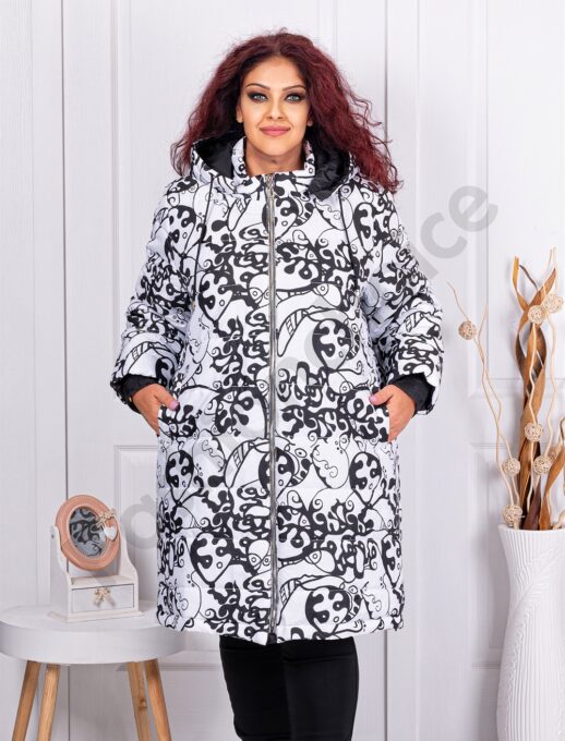 Geaca maxi groasa cu figuri abstracte-negru/alb cod 71297