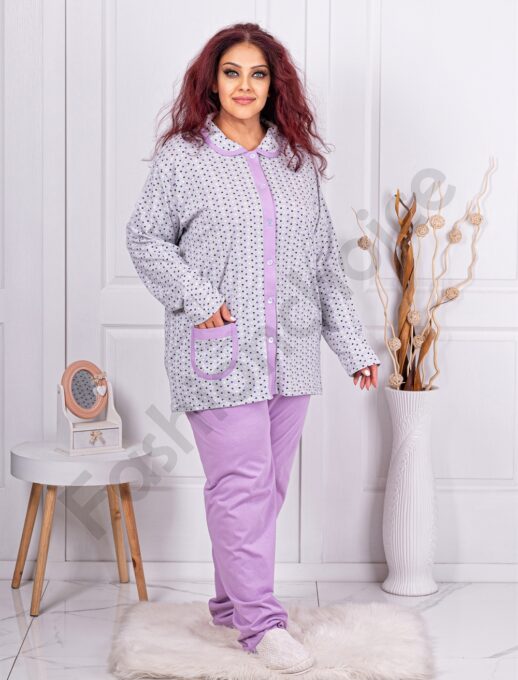 Pijama maxi cu imprimeu buline-liliac cod 11104