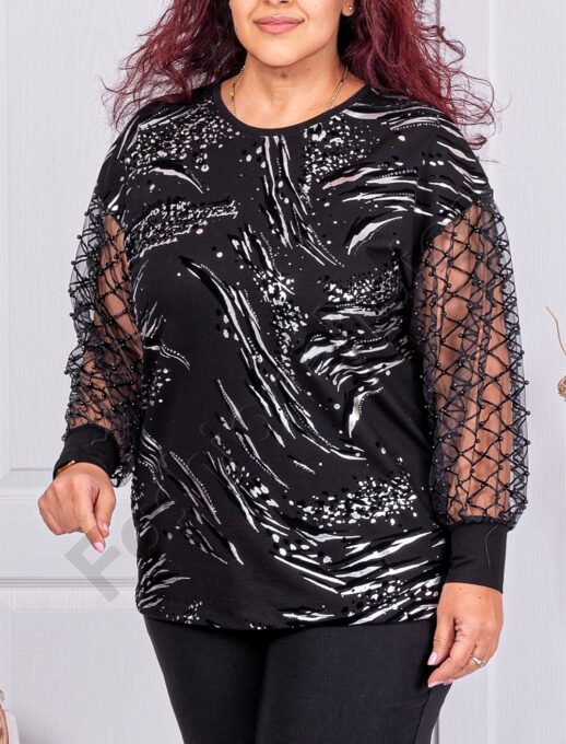 Bluza maxi eleganta cu maneci din tull si perle cod 4626