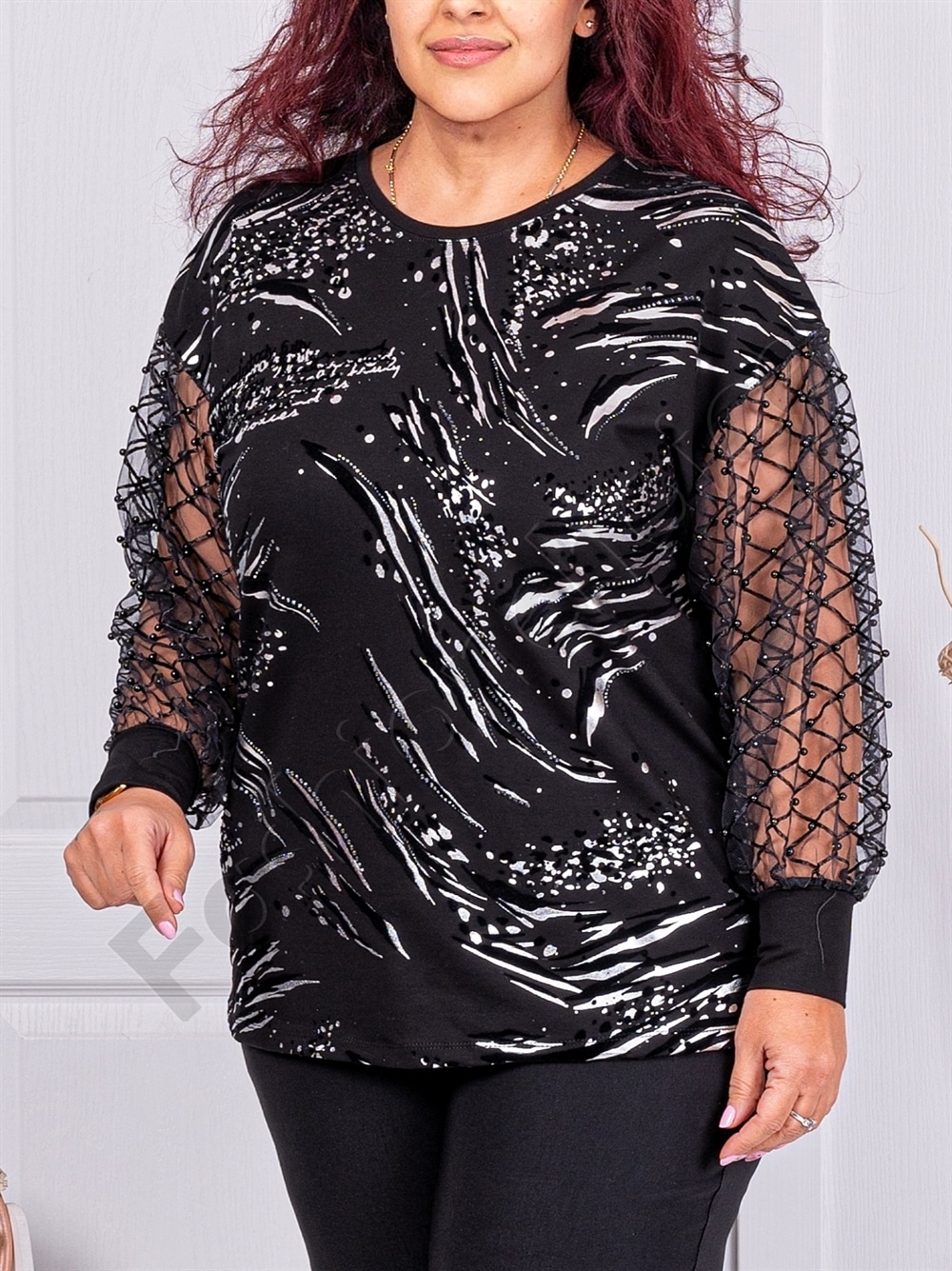 Bluza maxi eleganta cu maneci din tull si perle cod 4626