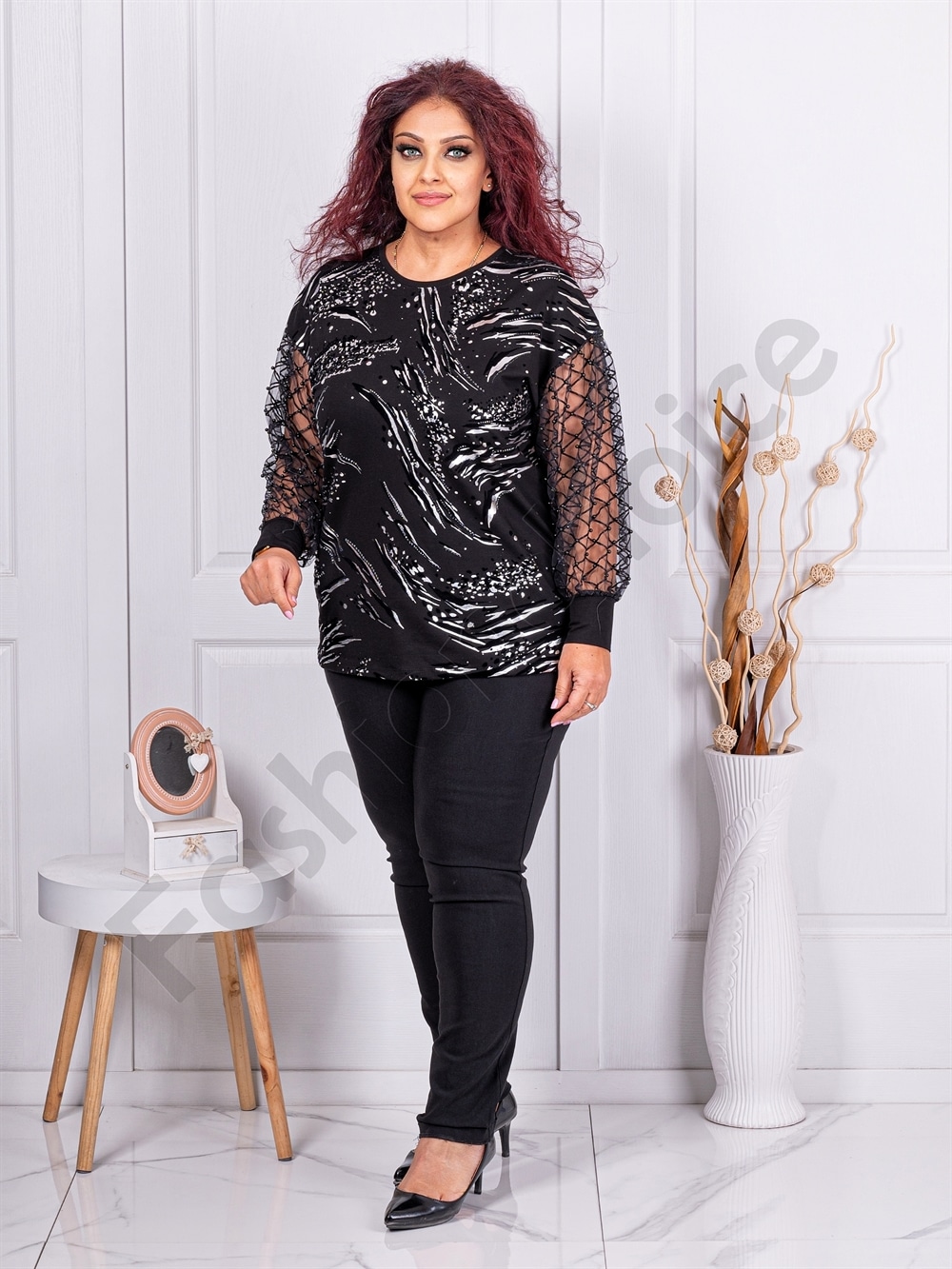 Bluza maxi eleganta cu maneci din tull si perle cod 4626