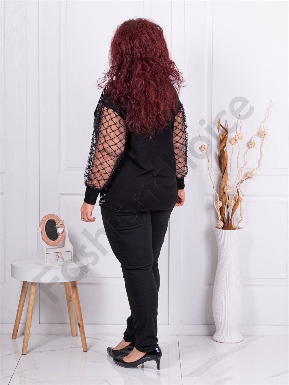 Bluza maxi eleganta cu maneci din tull si perle cod 4626