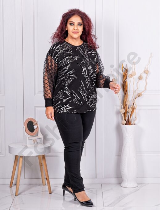 Bluza maxi eleganta cu maneci din tull si perle cod 4626