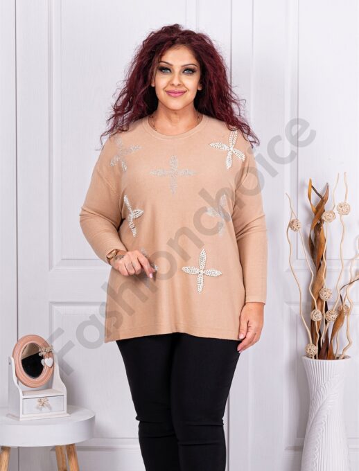 Tunica maxi tricotata cu perle si pietricele-camel deschis cod 6657-1