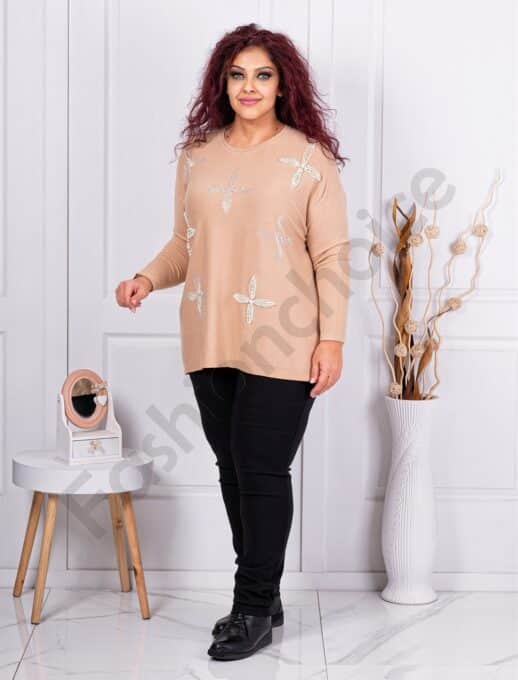 Tunica maxi tricotata cu perle si pietricele-camel deschis cod 6657-1