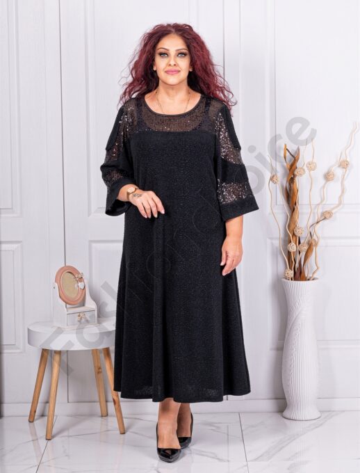 Rochie maxi oficiala cu paiete si tull elastic-negru cod 23064