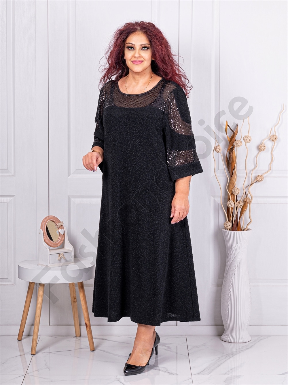 Rochie maxi oficiala cu paiete si tull elastic-negru cod 23064