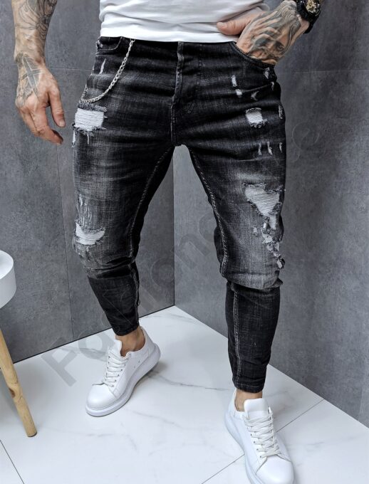 Blugi barbati cu patch-uri si efect rupt-negru cod 6658
