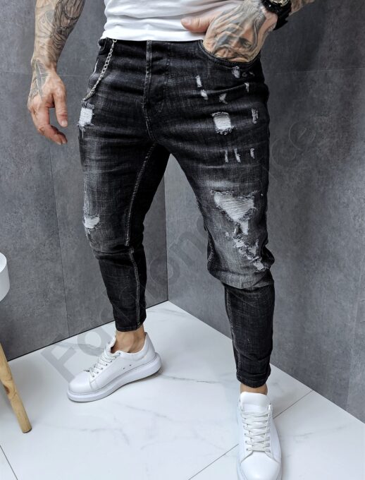 Blugi barbati cu patch-uri si efect rupt-negru cod 6658