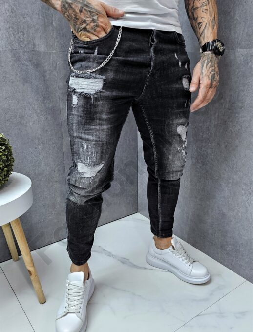Blugi barbati cu patch-uri si efect rupt-negru cod 6658