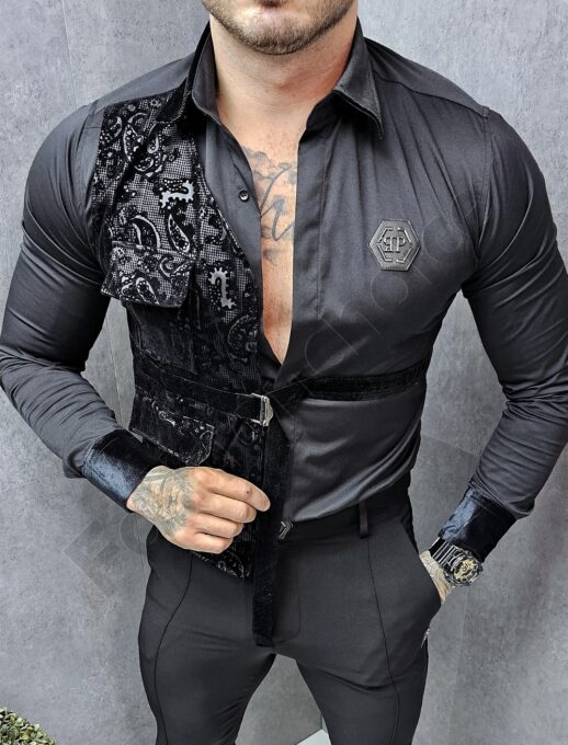 Camasa neagra cu lycra in combinatie cu catifea cod 5326