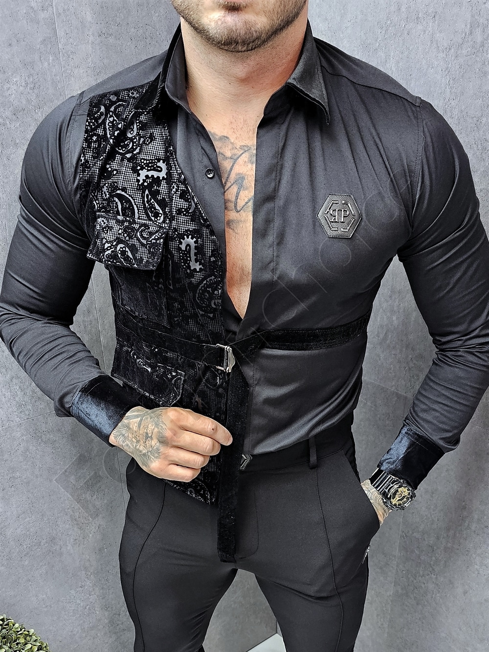 Camasa neagra cu lycra in combinatie cu catifea cod 5326