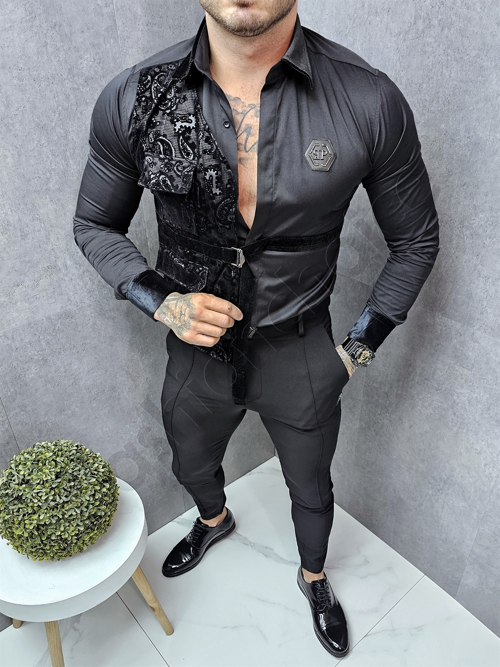 Camasa neagra cu lycra in combinatie cu catifea cod 5326