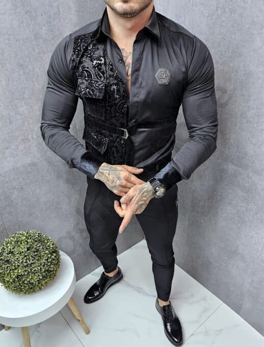 Camasa neagra cu lycra in combinatie cu catifea cod 5326