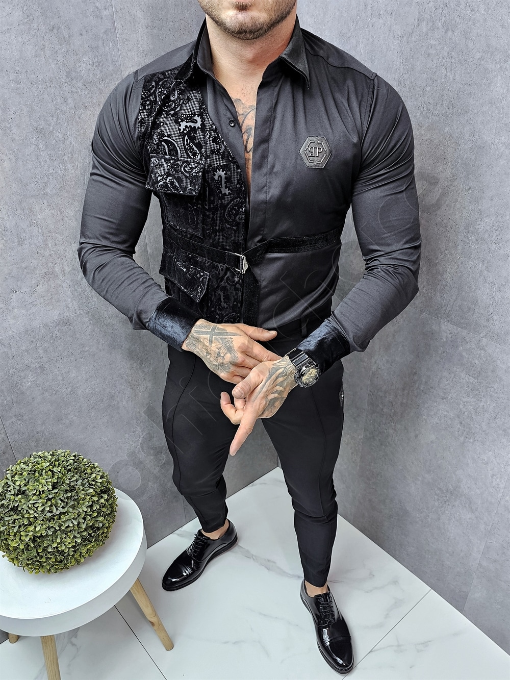 Camasa neagra cu lycra in combinatie cu catifea cod 5326