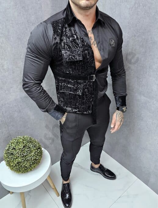 Camasa neagra cu lycra in combinatie cu catifea cod 5326