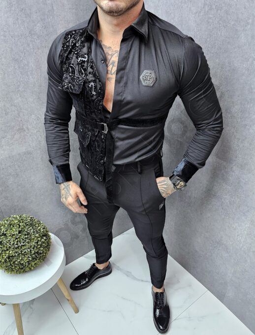 Camasa neagra cu lycra in combinatie cu catifea cod 5326