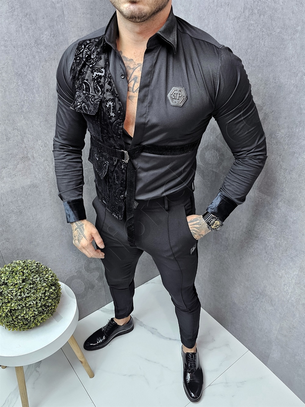 Camasa neagra cu lycra in combinatie cu catifea cod 5326