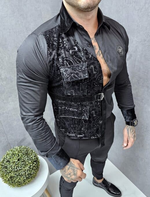 Camasa neagra cu lycra in combinatie cu catifea cod 5326