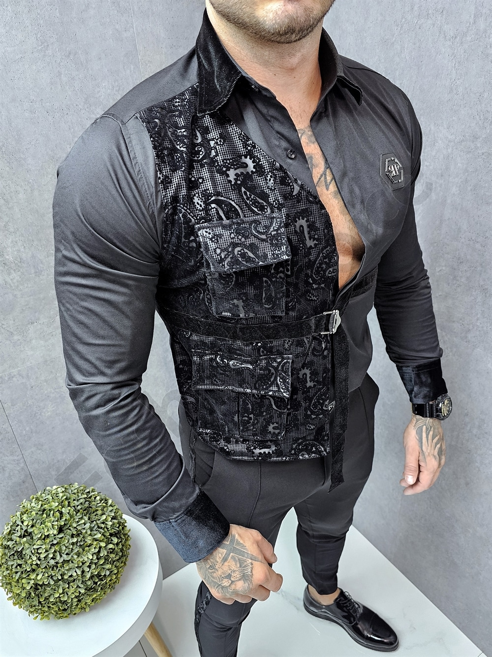 Camasa neagra cu lycra in combinatie cu catifea cod 5326