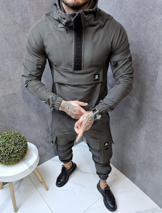 Compleu gros pentru barbati din fas cu hanorac hoodie si gluga-kaki cod 7111-1