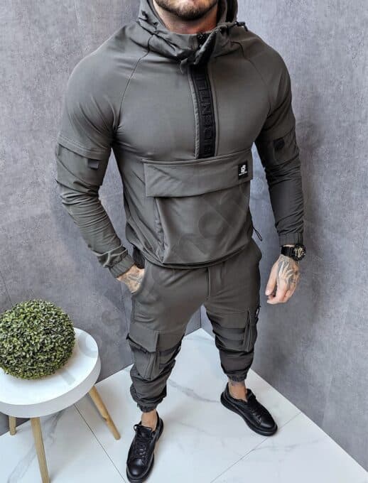 Compleu gros pentru barbati din fas cu hanorac hoodie si gluga-kaki cod 7111-1
