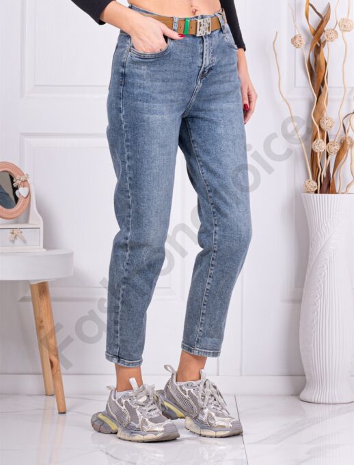 Blugi de dama cu curea in talie si efect prespalat-albastru cod 8347